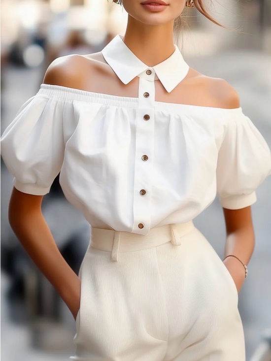 Mooyius Tops - Off-Shoulder White Button-Front Blouse with Collar & Puffy Sleeve - Med (8-10)